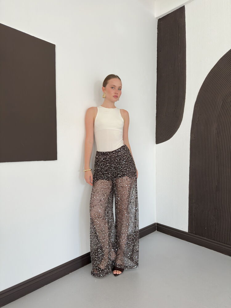 Sequin Mesh Wide-Leg Trousers - Dark Brown