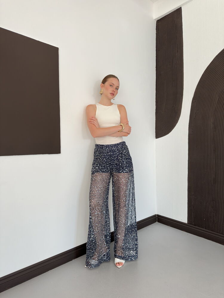 Sequin Mesh Wide-Leg Trousers - Navy