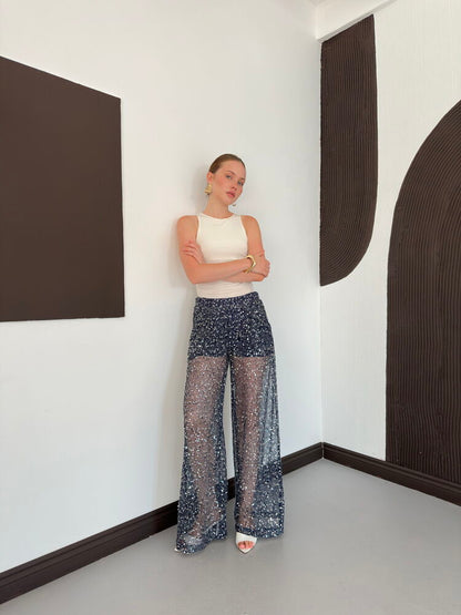 Sequin Mesh Wide-Leg Trousers - Navy