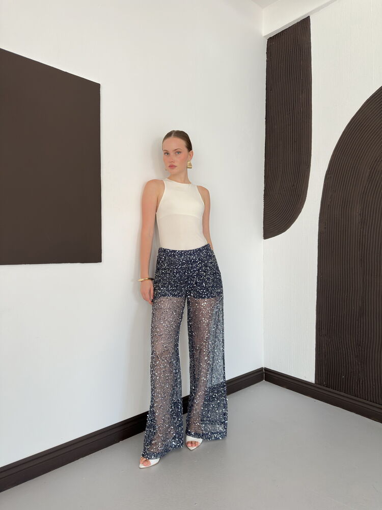 Sequin Mesh Wide-Leg Trousers - Navy