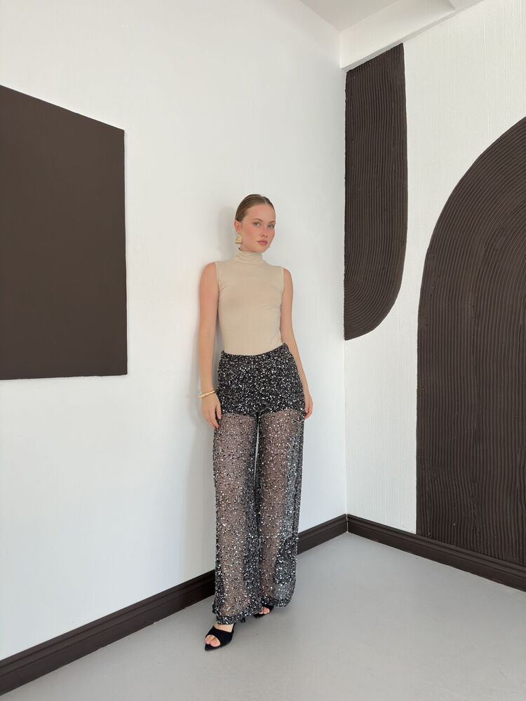 Sequin Mesh Wide-Leg Trousers - Black