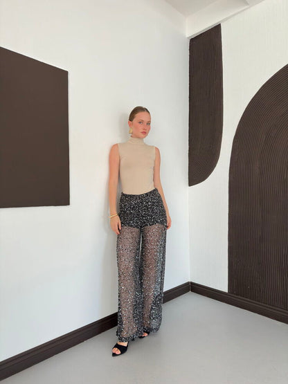 Sequin Mesh Wide-Leg Trousers - Black