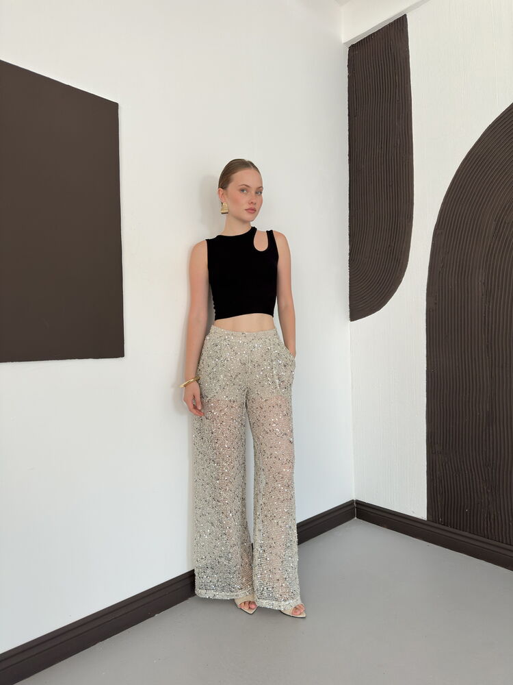 Sequin Mesh Wide-Leg Trousers - Stone