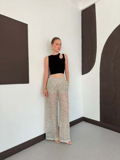 Sequin Mesh Wide-Leg Trousers - Stone
