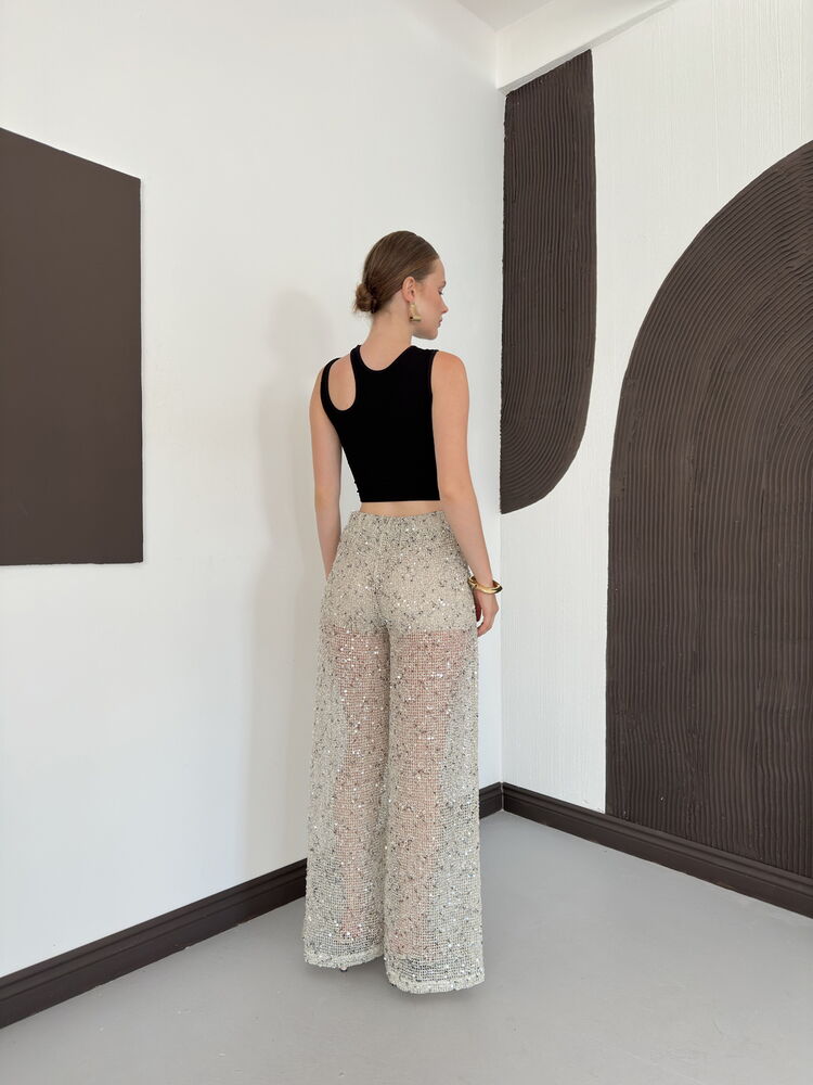 Sequin Mesh Wide-Leg Trousers - Stone