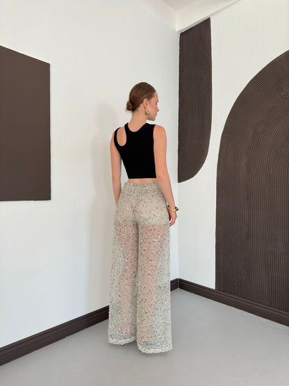 Sequin Mesh Wide-Leg Trousers - Stone
