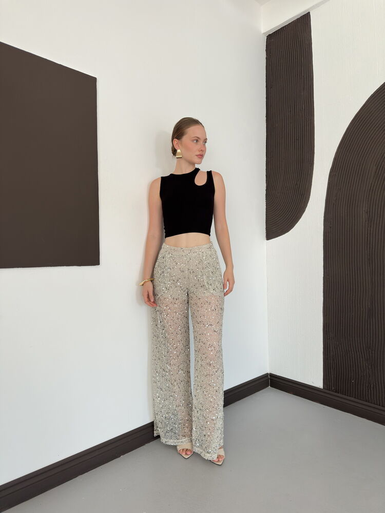 Sequin Mesh Wide-Leg Trousers - Stone