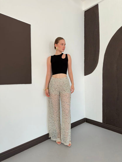 Sequin Mesh Wide-Leg Trousers - Stone