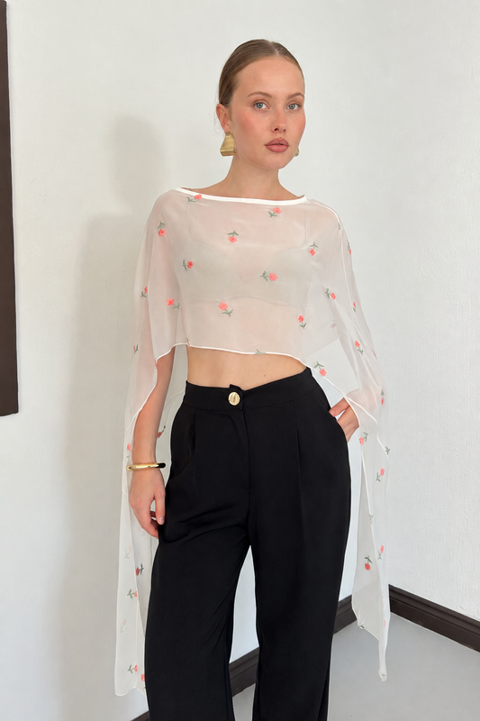 Embroidered Chiffon Cape Top