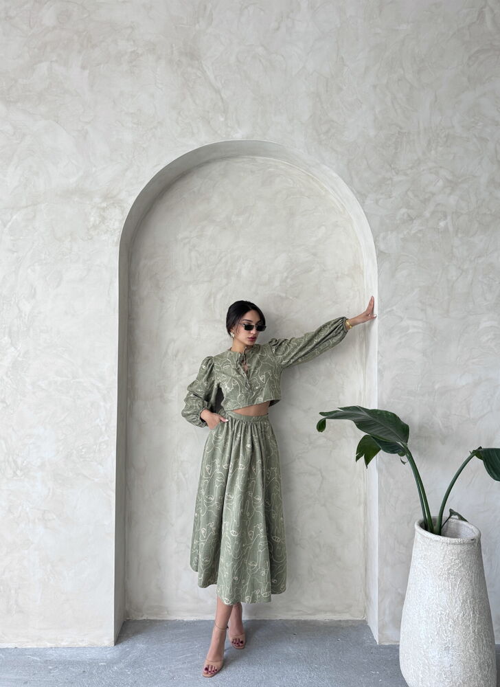 Embroidered Linen-Look Midi Skirt