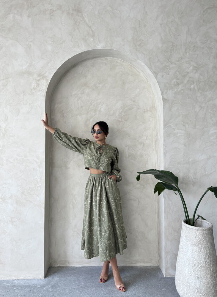 Embroidered Linen-Look Midi Skirt