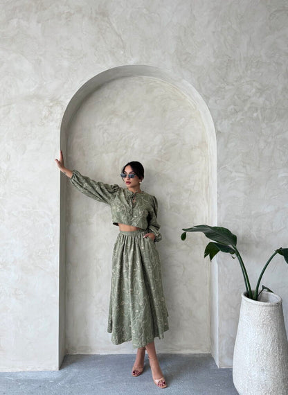 Embroidered Linen-Look Midi Skirt