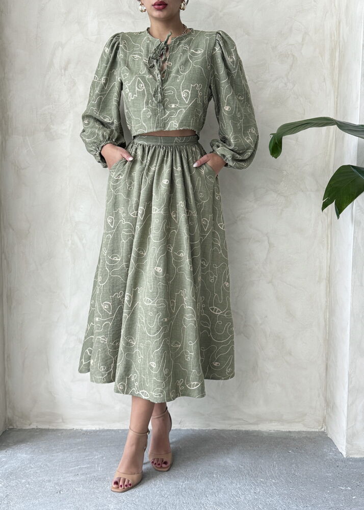Embroidered Linen-Look Midi Skirt