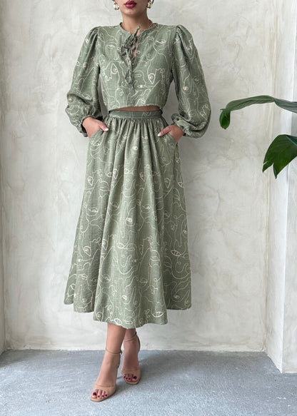 Embroidered Linen-Look Midi Skirt