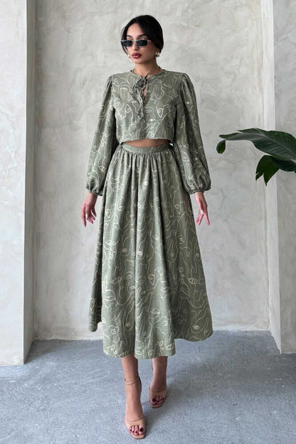 Embroidered Linen-Look Midi Skirt