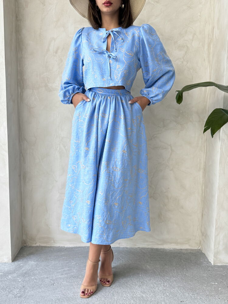 Embroidered Linen-Look Midi Skirt