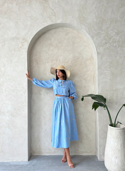 Embroidered Linen-Look Midi Skirt