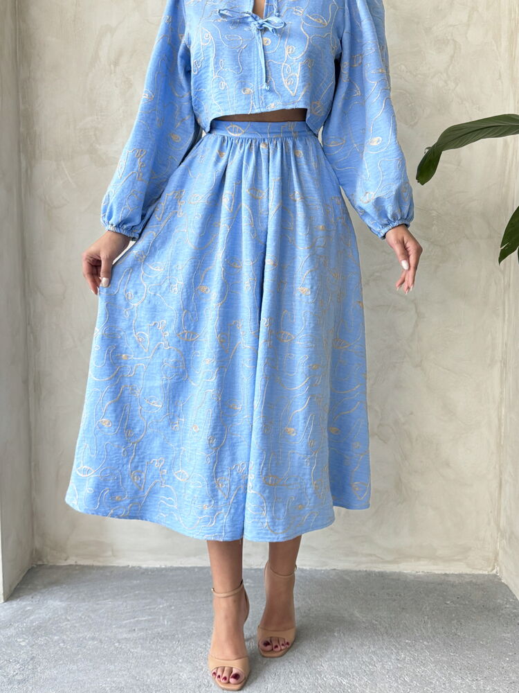 Embroidered Linen-Look Midi Skirt