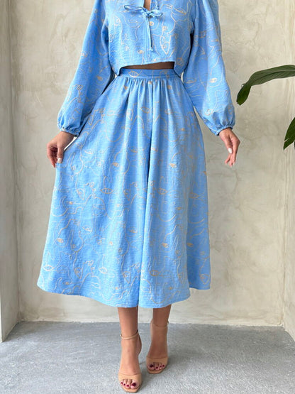 Embroidered Linen-Look Midi Skirt