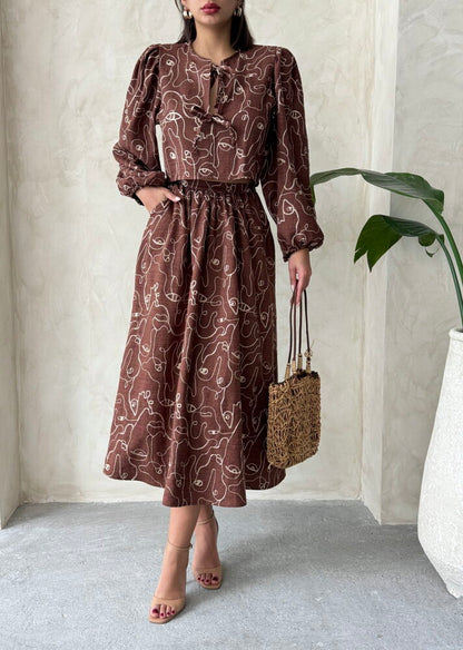 Embroidered Linen-Look Midi Skirt