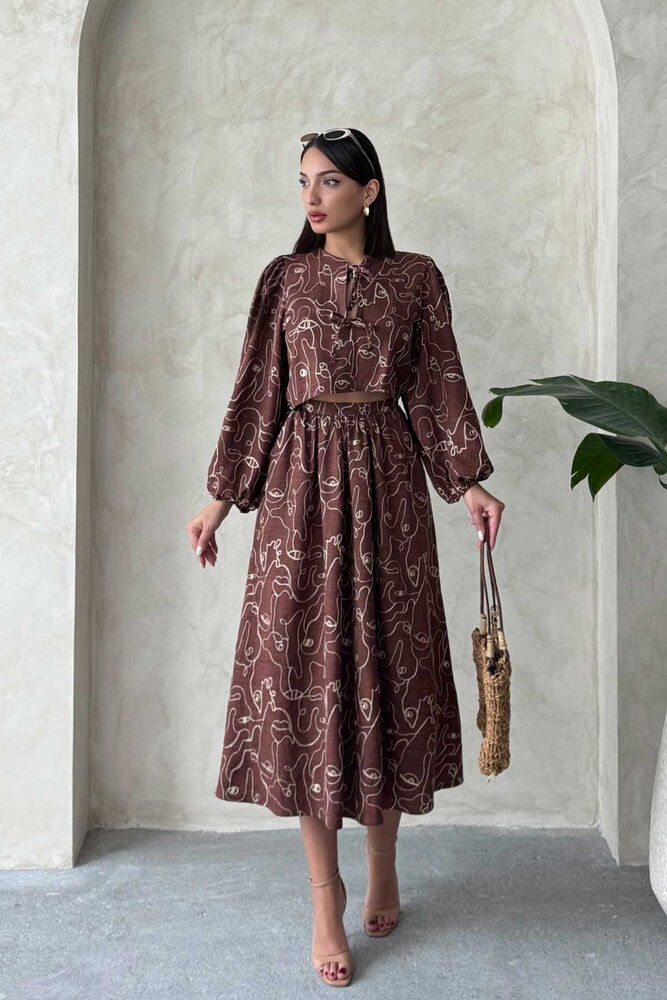 Embroidered Linen-Look Midi Skirt