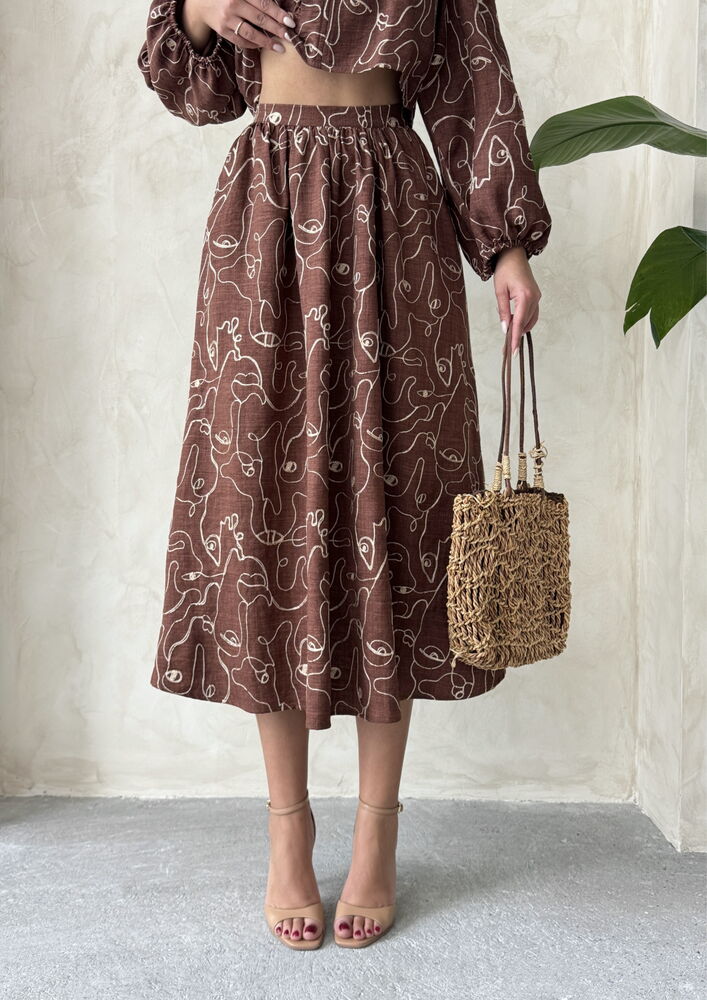 Embroidered Linen-Look Midi Skirt
