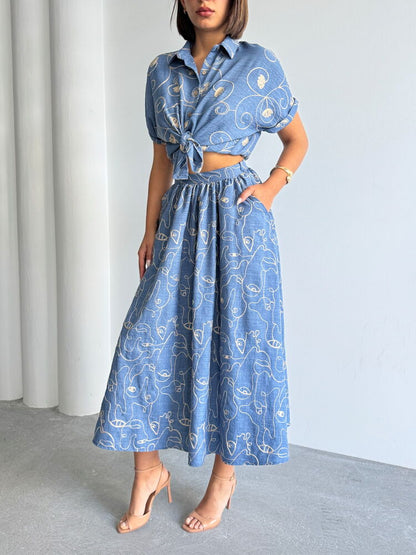 Embroidered Linen-Look Midi Skirt