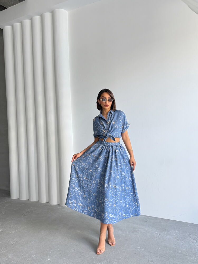 Embroidered Linen-Look Midi Skirt