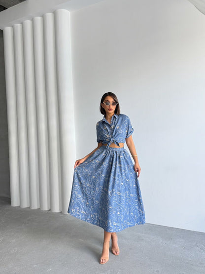 Embroidered Linen-Look Midi Skirt