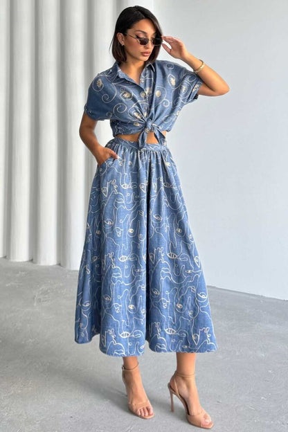 Embroidered Linen-Look Midi Skirt