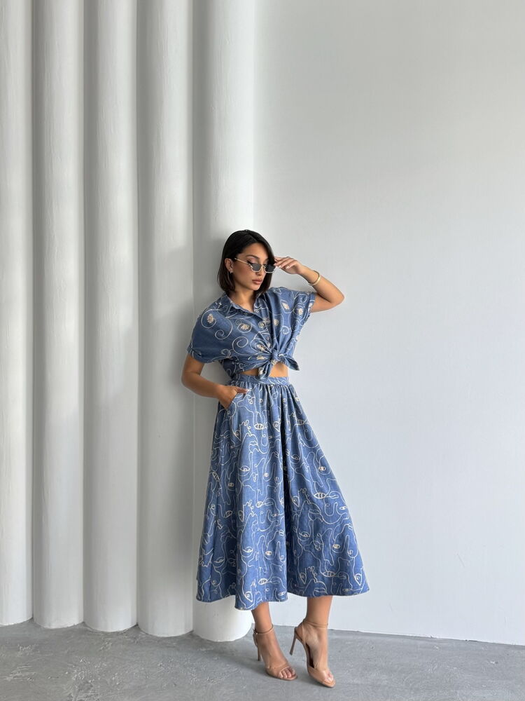 Embroidered Linen-Look Midi Skirt