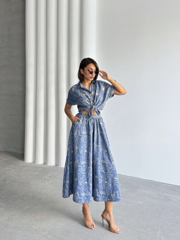 Embroidered Linen-Look Midi Skirt