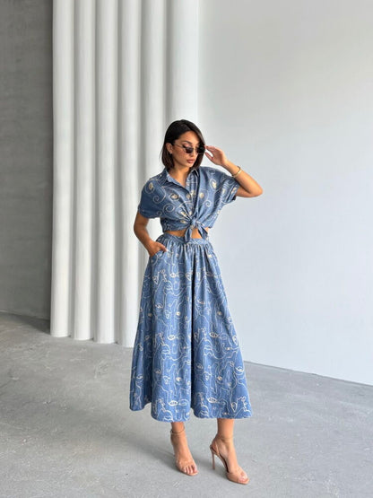 Embroidered Linen-Look Midi Skirt