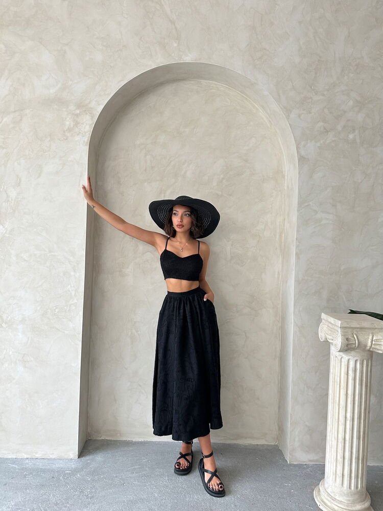 Embroidered Linen-Look Midi Skirt