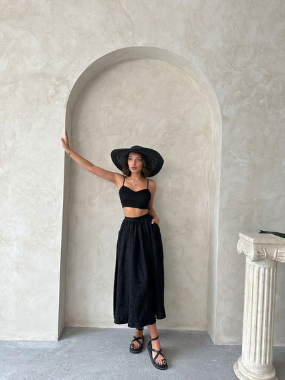 Embroidered Linen-Look Midi Skirt