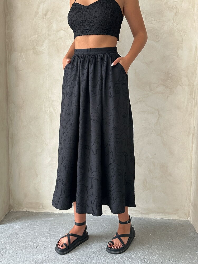 Embroidered Linen-Look Midi Skirt