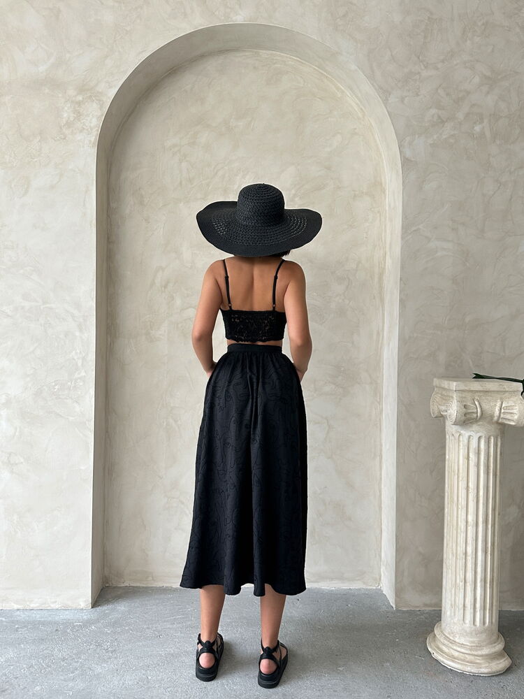 Embroidered Linen-Look Midi Skirt