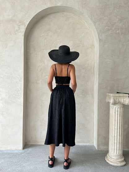 Embroidered Linen-Look Midi Skirt