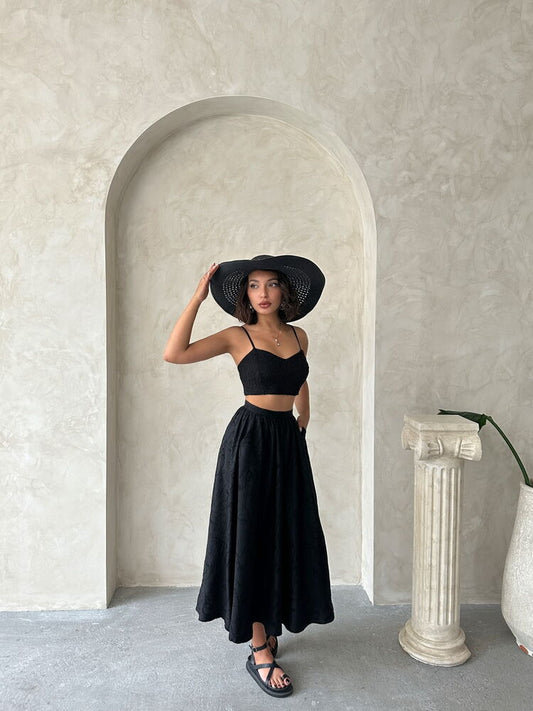 Embroidered Linen-Look Midi Skirt