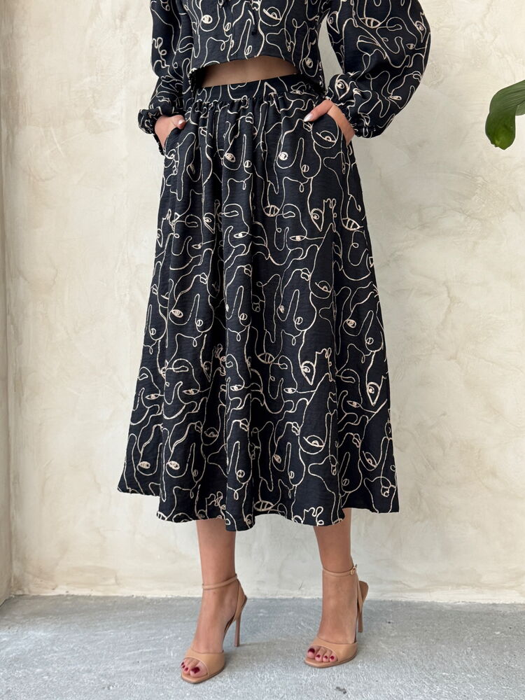 Embroidered Linen-Look Midi Skirt