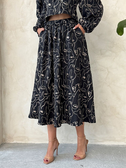 Embroidered Linen-Look Midi Skirt