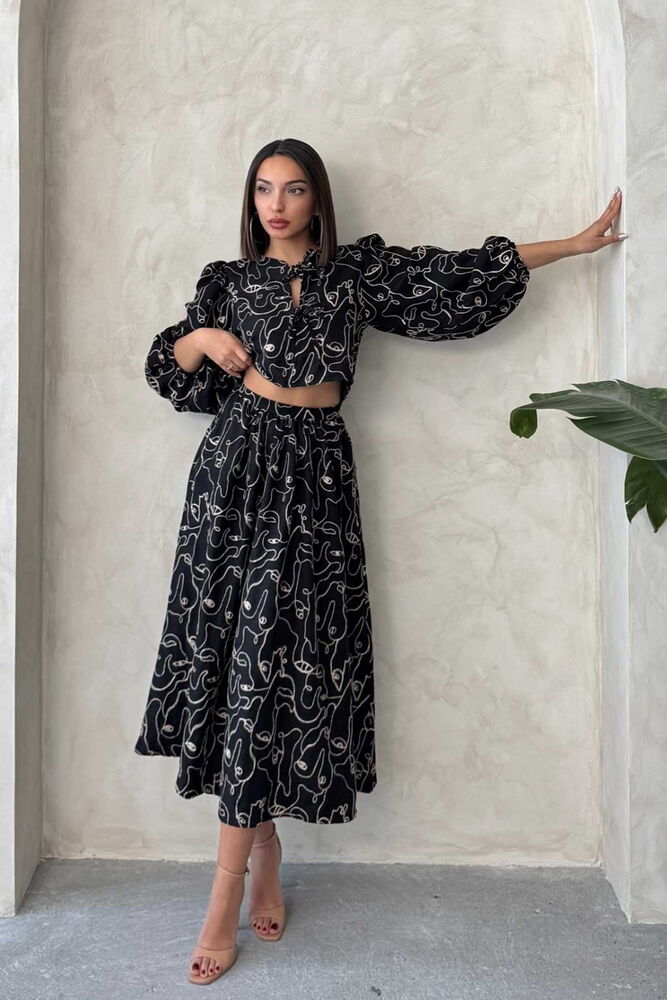 Embroidered Linen-Look Midi Skirt