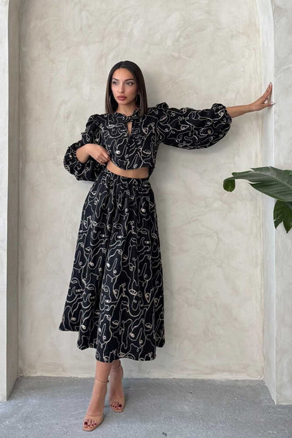 Embroidered Linen-Look Midi Skirt