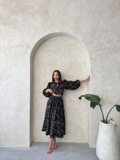 Embroidered Linen-Look Midi Skirt