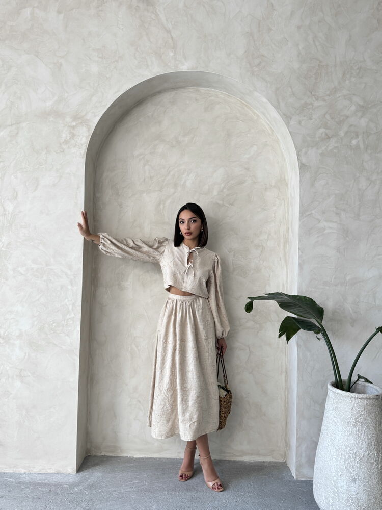 Embroidered Linen-Look Midi Skirt