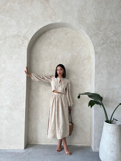 Embroidered Linen-Look Midi Skirt