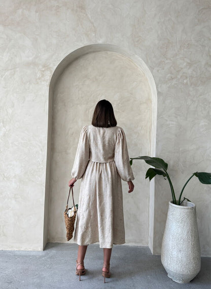 Embroidered Linen-Look Midi Skirt