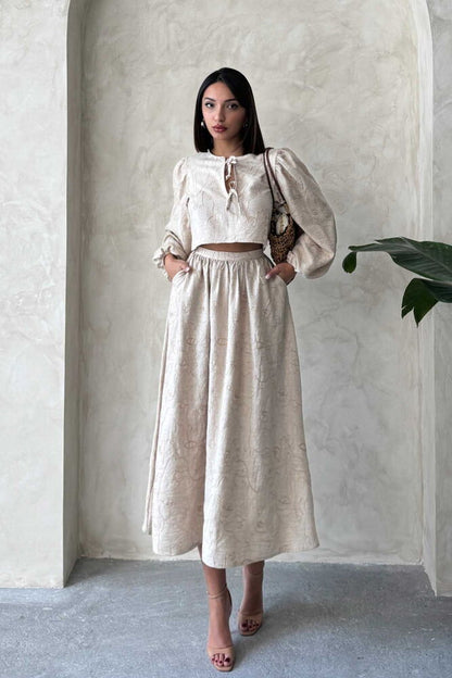 Embroidered Linen-Look Midi Skirt
