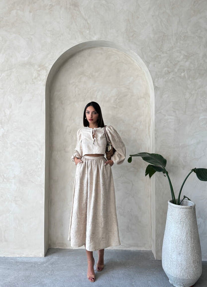 Embroidered Linen-Look Midi Skirt