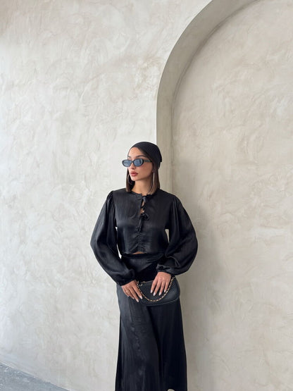 Crinkle Satin Tie-Front Blouse